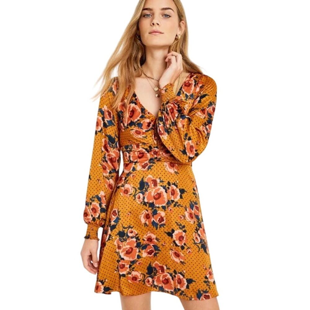 Free People Women's XS Mini Dress Morning Light Floral Mustard Yellow Boho